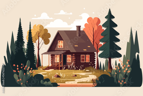wood cabin. Wooden house in the forest. Vector illustration