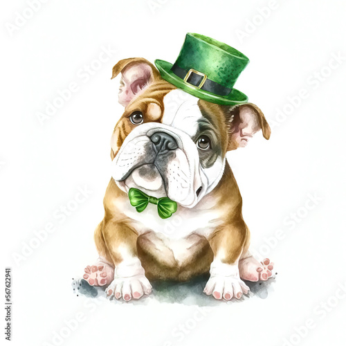 St. Patrick’s Day bulldog puppy in a green leprechaun hat and a bowtie. Watercolor cartoon. Generative AI.