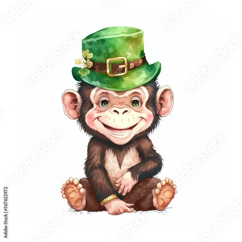 Smiling St. Patrick’s baby chimpanzee in a green leprechaun hat. Watercolor cartoon. Generative AI.