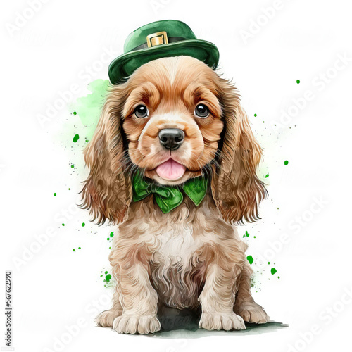 St. Patrick’s Day cocker spaniel puppy in a green leprechaun hat and a bowtie. Watercolor cartoon. Generative AI.