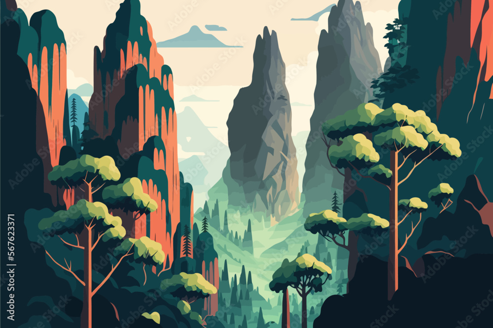 Zhangjiajie Forest Park china. Landscape of mountains and forest. Vector illustration - obrazy, fototapety, plakaty 