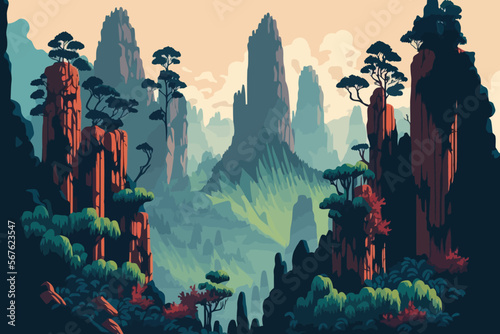 Zhangjiajie Forest Park china. Landscape of mountains and forest. Vector illustration photo