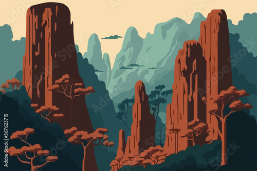 Zhangjiajie Forest Park china. Landscape of mountains and forest. Vector illustration