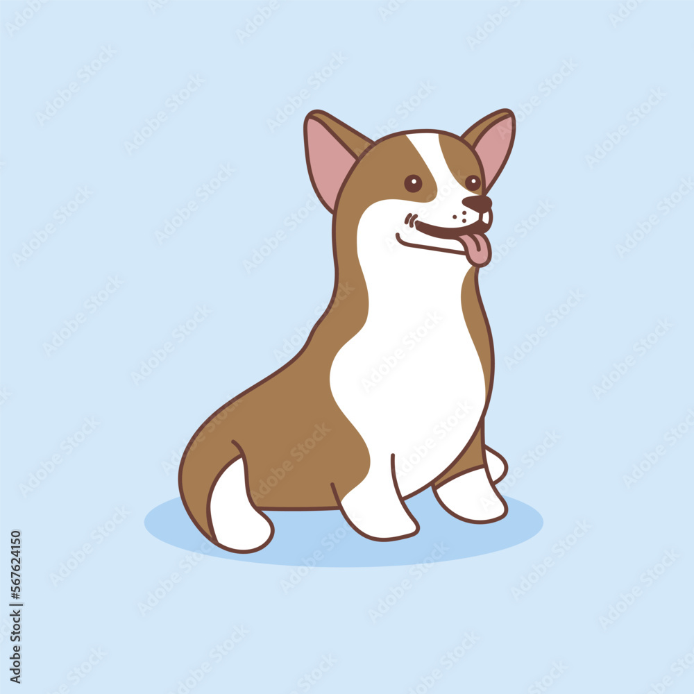 Corgi is sitting with his tongue hanging out, side view. Vector illustration of a pet in cartoon style. Isolated illustration of a dog on a blue background. Corgi is sitting with his tongue hanging out, side view. Vector illustration of a pet in cartoon style. Isolated illustration of a dog on a blue background.