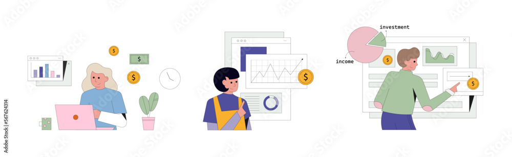 Investment, analysis and trading concept. Character increase fortunes in online business and investing. People analyze charts and strategies. Flat vector illustration