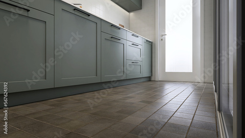Clean  empty brown square tile kitchen floor with built in sage green cabinet  cupboard with white tile splashback in sunlight from door with glass panel for interior design  product background 3D