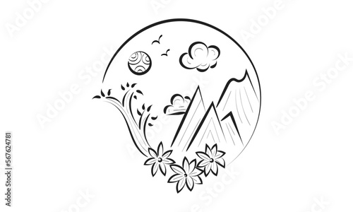 Wild Nature Illustration. Simple mountain landscape design. 
