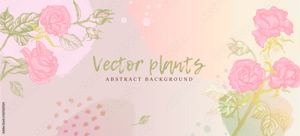 Wallpaper in botanical style, freehand drawing. Vector. rose flowers leaves, organic shapes, watercolor. Vector background for banner, poster, web and packaging.
