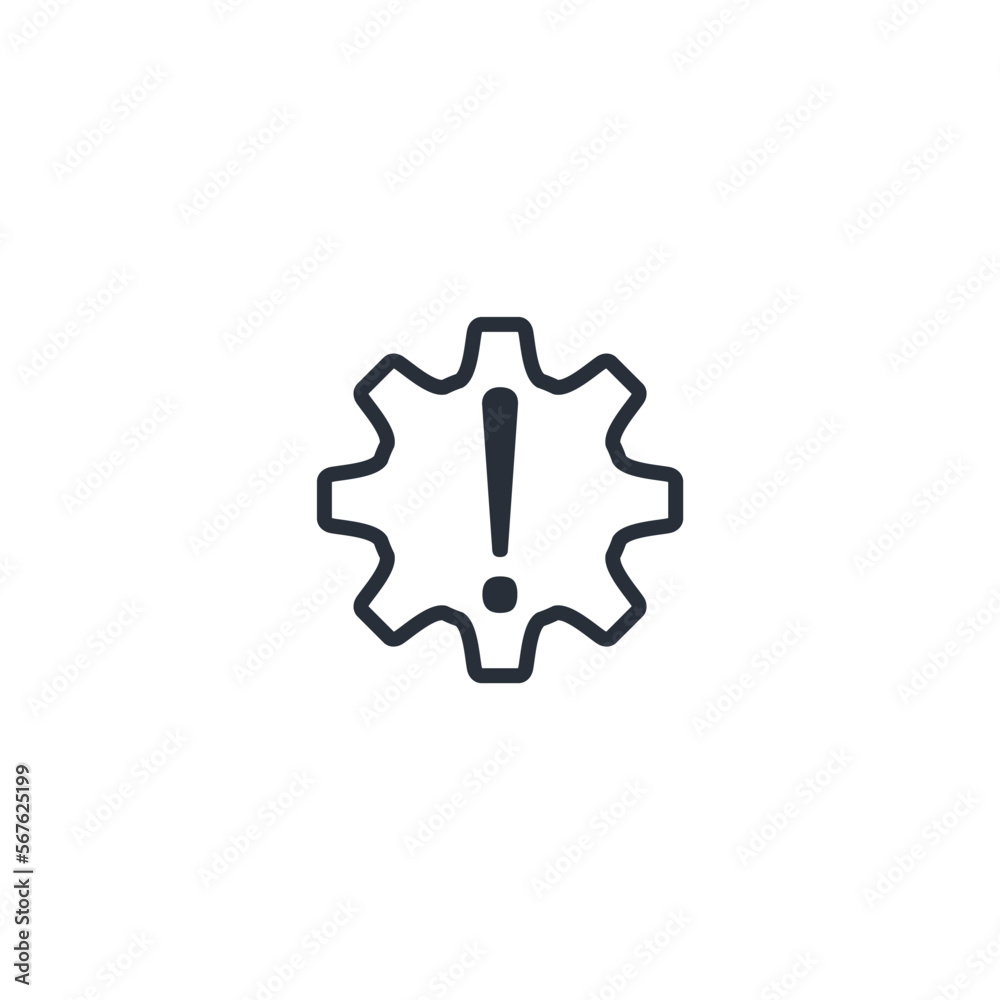 Gear and exclamation mark. Error. Malfunction. Vector linear icon isolated on white background Gear and exclamation mark. Error. Malfunction. Vector linear icon isolated on white background