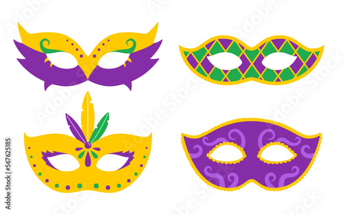 Vector Mardi Gras set with carnival masks. Mardi Gras mask collection. Design for fat tuesday carnival and festival. Colorful masquerade illustration.