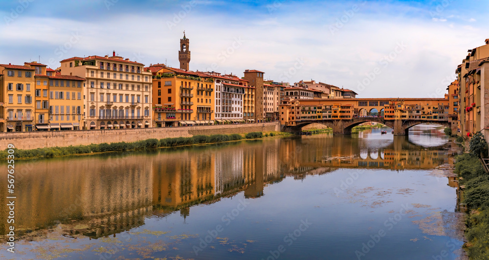 Cityscape with the famous Ponte Vecchio bridge in Centro Storico, Florence Italy