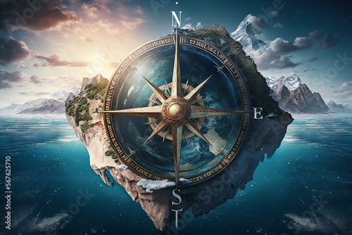 Earth globe within a compass with a mountain and sea background
