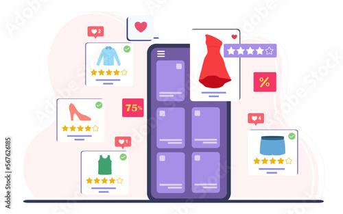 Online shopping store with mobile with shopping items, discount coupons, product ratings