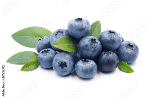 Bilberries isolated on white. Blueberries with leaves. Full depth of field. 