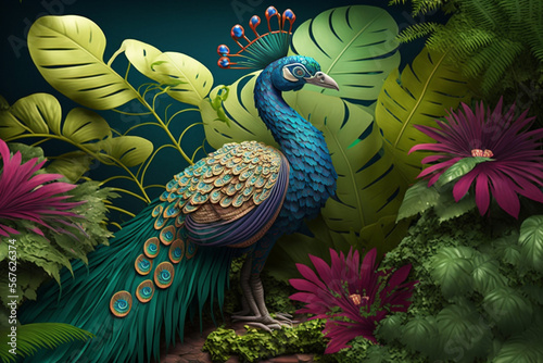 Tropical rainforest with peacock 3D Generative AI
