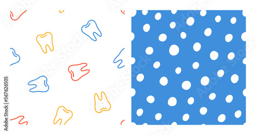 Set of 2 seamless patterns with colorful outline tooth and white spots.