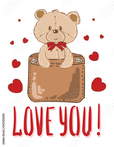 Cute Teddy bear with text. Valentines greeting card with I love you. Romantic confession illustration