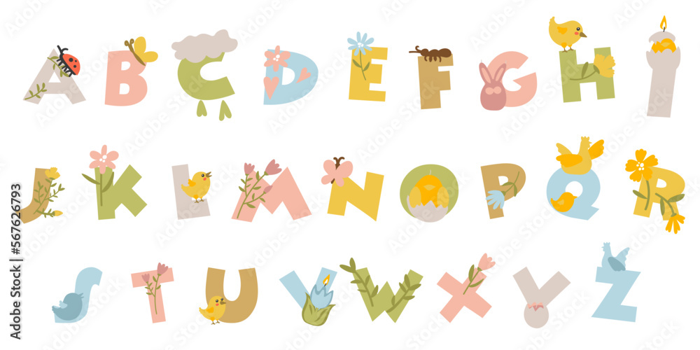 Cute Easter alphabet alphabet. Letters with spring colored details. Eggs, chickens, birds, flowers, candles. Easter. Spring decor on letters. A simple illustration