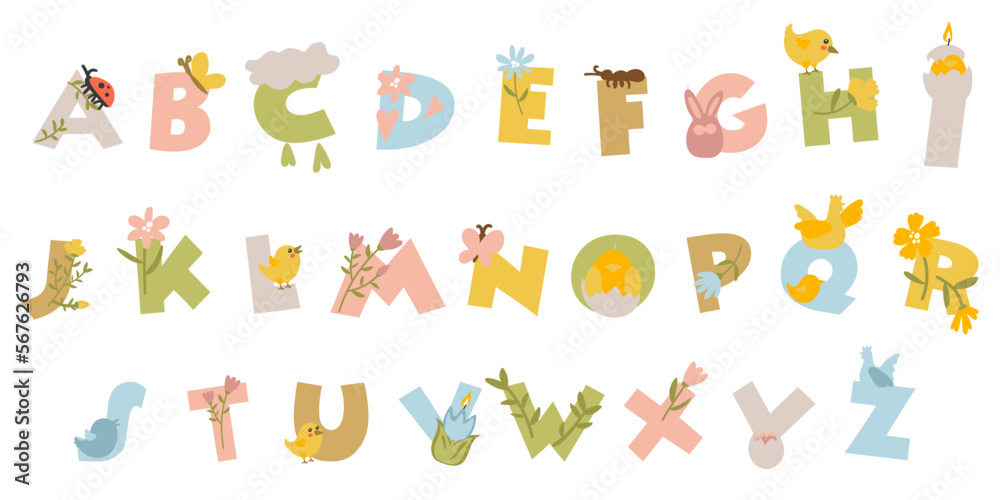 Cute Easter alphabet alphabet. Letters with spring colored details. Eggs, chickens, birds, flowers, candles. Easter. Spring decor on letters. A simple illustration Cute Easter alphabet alphabet. Letters with spring colored details. Eggs, chickens, birds, flowers, candles. Easter. Spring decor on letters. A simple illustration