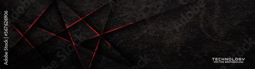 3D black rough grunge techno abstract background overlap layer on dark space with red lines decoration. Modern graphic design element cutout style concept for banner, flyer, card, or brochure cover