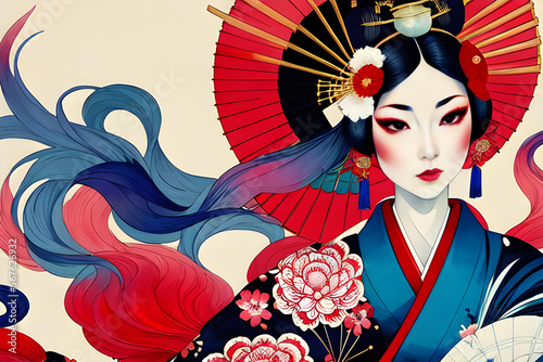 woman with fan geisha cartoon Non-existent person in generative AI digital illustration