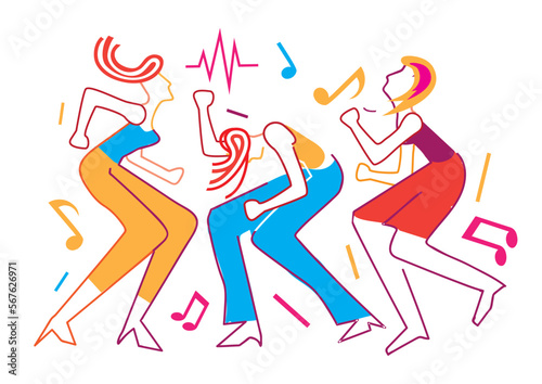 Three dancing girls, wild crazy dance party,cartoon. Expressive Illustration of dancers with music notes. Isolated on white background. Vector available. 