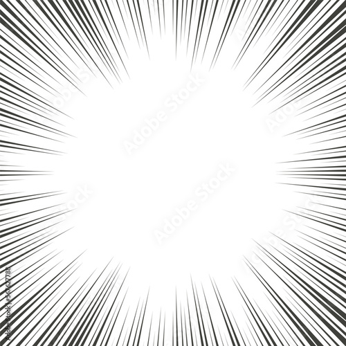 Comic manga radial lines with speed effect for comics book. Black and white explosion background. Flash ray blast glow. Vector frames.