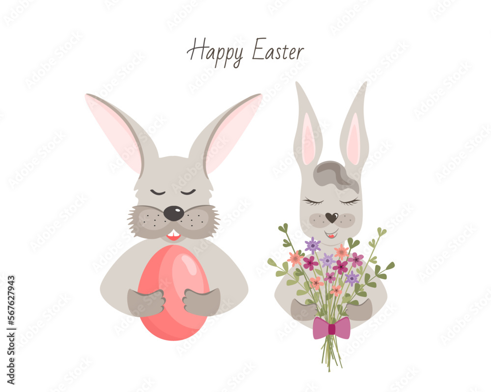 Obraz premium Easter bunny with egg vector illustrartion. Easter bunny with a bouquet of flowers. Easter card. 