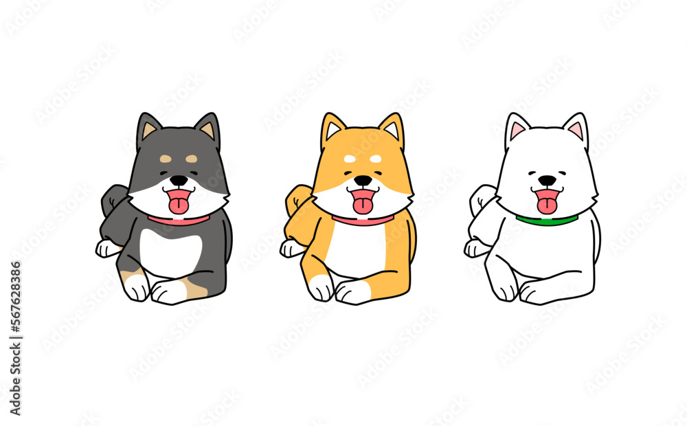 寝転がって笑顔でこちらを見る3匹の柴犬のイラスト 寝転がって笑顔でこちらを見る3匹の柴犬のイラスト