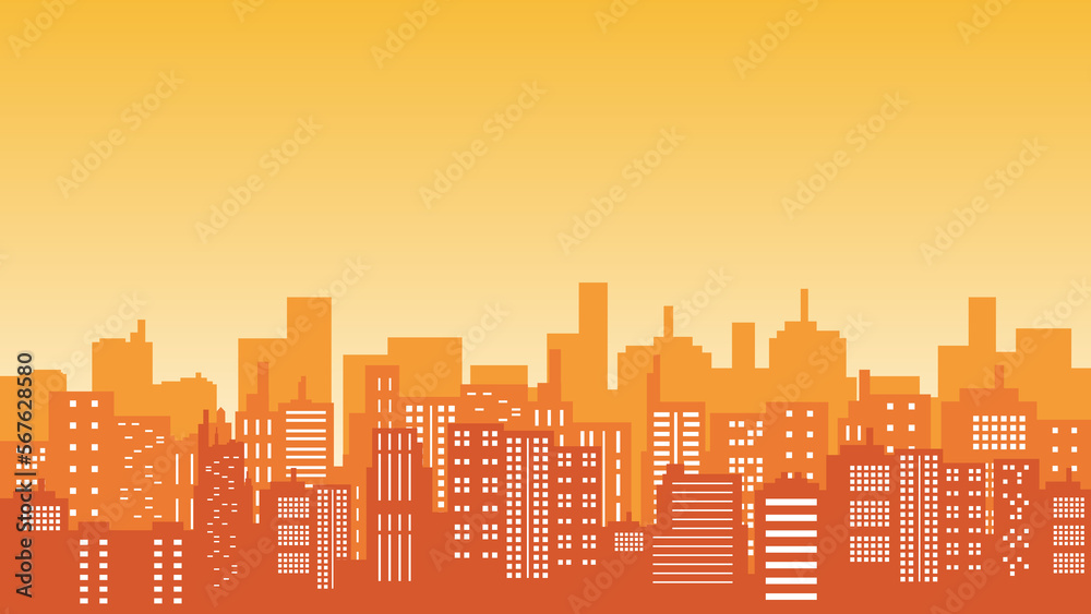 An illustration of a city building with many indoor windows and a view of the orange sky