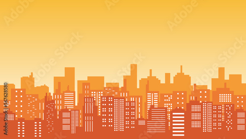 An illustration of a city building with many indoor windows and a view of the orange sky