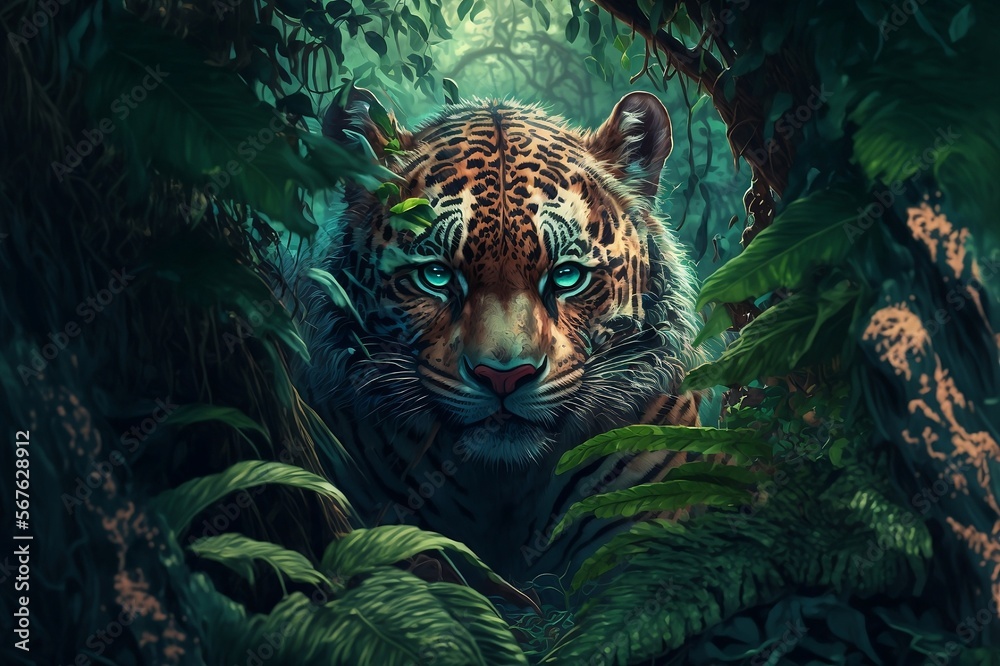 Jungle Tiger Wildlife Predator Tropical Wallpaper Generative AI Stock