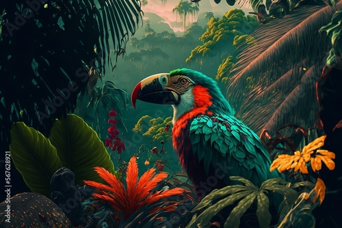 Jungle Bird Tropical Wildlife Nature Wallpaper Generative AI