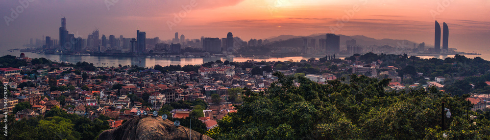 A panorama of Gulangyu Island and the coast of Xiamen City taken from 