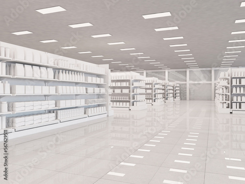 Fototapeta Naklejka Na Ścianę i Meble -  Interior of a supermarket with shelves that contains blank goods. products bottlles, boxes and packaging. 3d rendering illustration