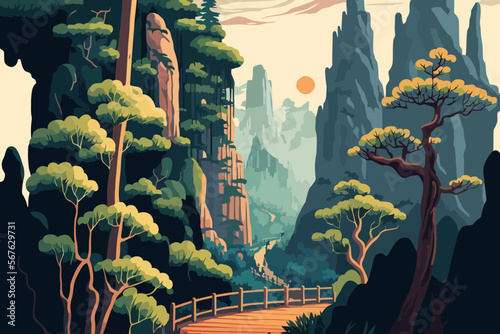Zhangjiajie Forest Park china. Landscape of mountains and forest. Vector illustration