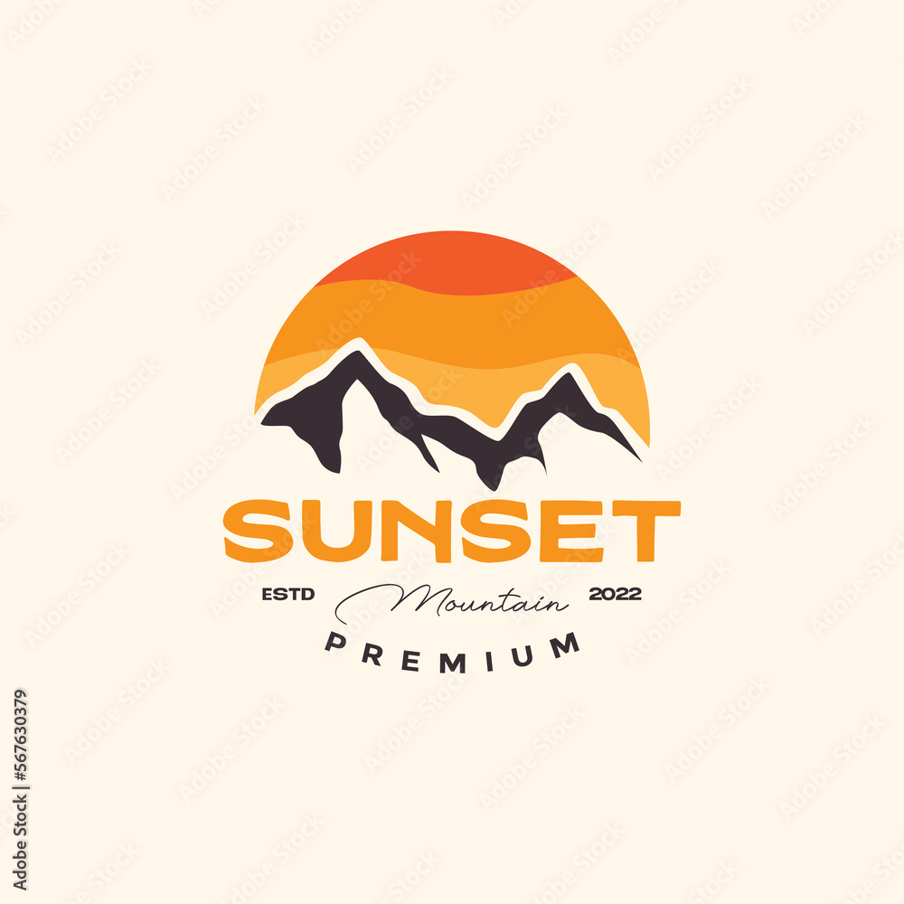 sunset mountain colorful abstract vintage retro logo design vector icon illustration