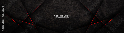 3D black rough grunge techno abstract background overlap layer on dark space with red lines decoration. Modern graphic design element cutout style concept for banner, flyer, card, or brochure cover
