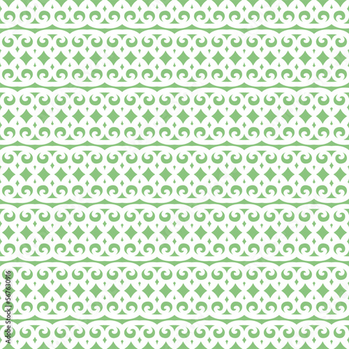 Seamless pattern of white decor on green background