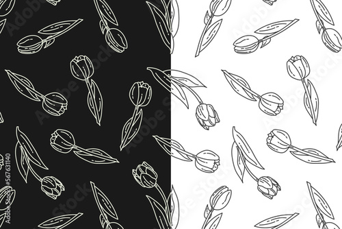 seth doodle seamless pattern with tulips on black and white background lines. Vector spring background for flower shop