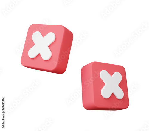 Incorrect red mark icon, X or No, declined, wrong, on floating isolated.  Minimal cartoon cute smooth, element design. 3d render illustration