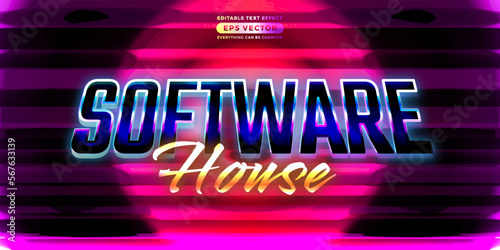 Retro text effect software house futuristic editable 80s classic style with experimental background, ideal for poster, flyer, social media post with give them the rad 1980s touch