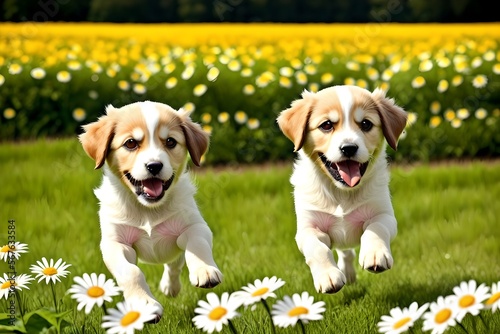 Adorable puppies jumping in a field of daisies and flowers © G-IMAGES