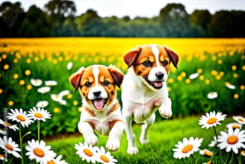 Adorable puppies jumping in a field of daisies and flowers