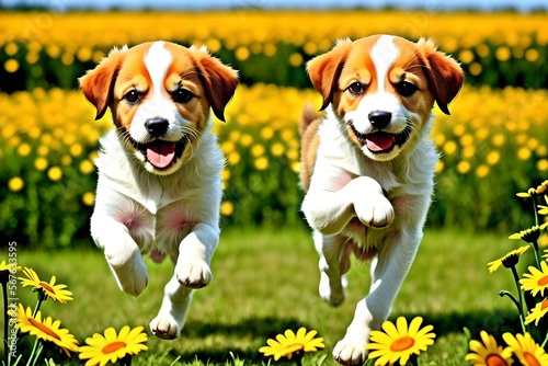 Adorable puppies jumping in a field of daisies and flowers © G-IMAGES