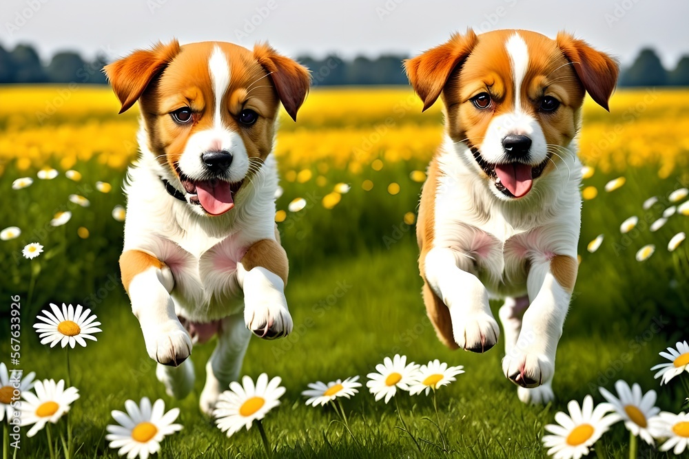 Adorable puppies jumping in a field of daisies and flowers Adorable puppies jumping in a field of daisies and flowers