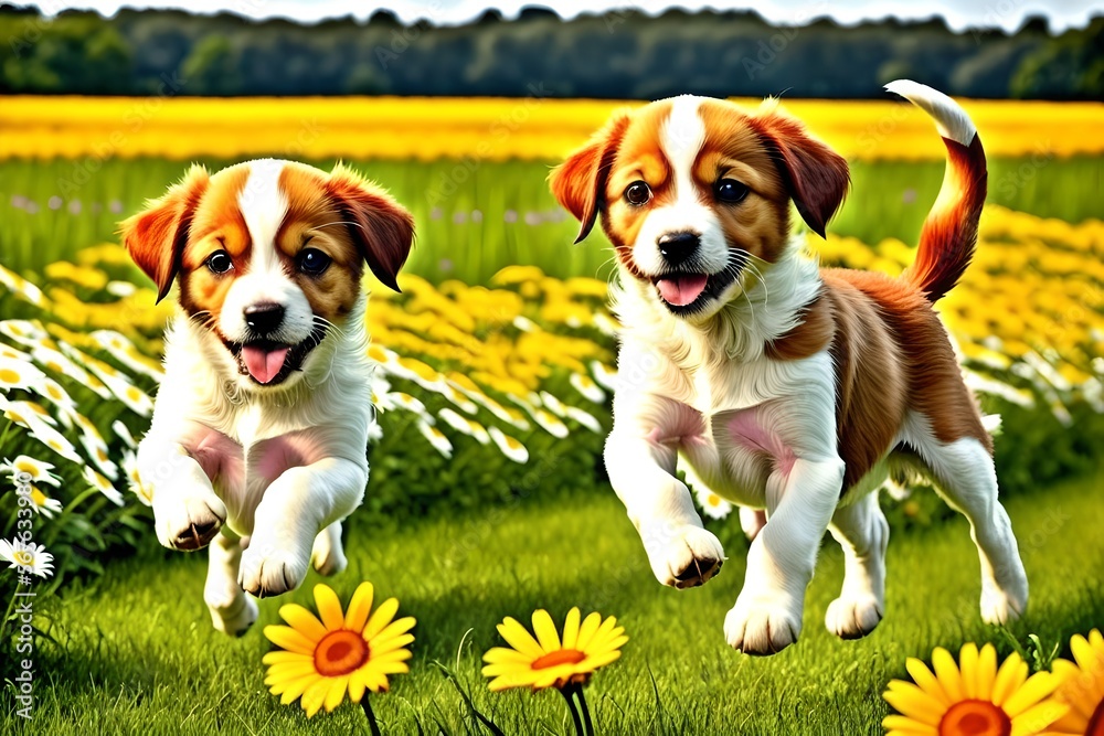 Adorable puppies jumping in a field of daisies and flowers Adorable puppies jumping in a field of daisies and flowers