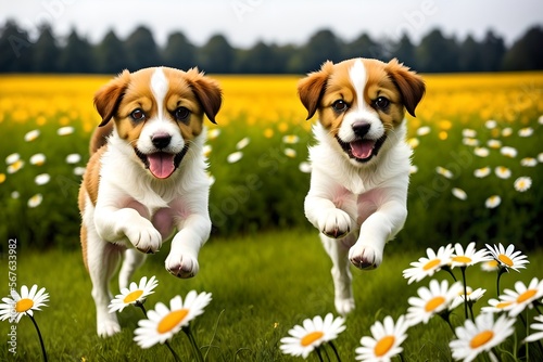 Adorable puppies jumping in a field of daisies and flowers © G-IMAGES