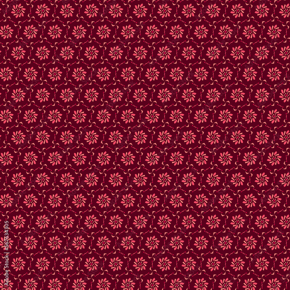 Geometric pattern with a stylized floral hexagonal grid on a dark red, burgundy, crimson background Geometric pattern with a stylized floral hexagonal grid on a dark red, burgundy, crimson background