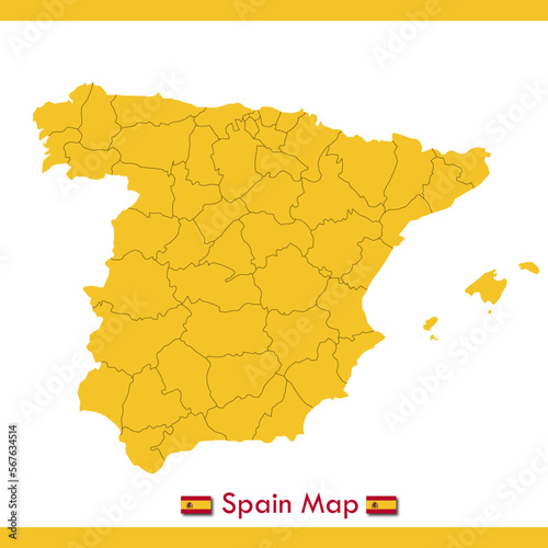 yellow spain vector map with separate cities and territories